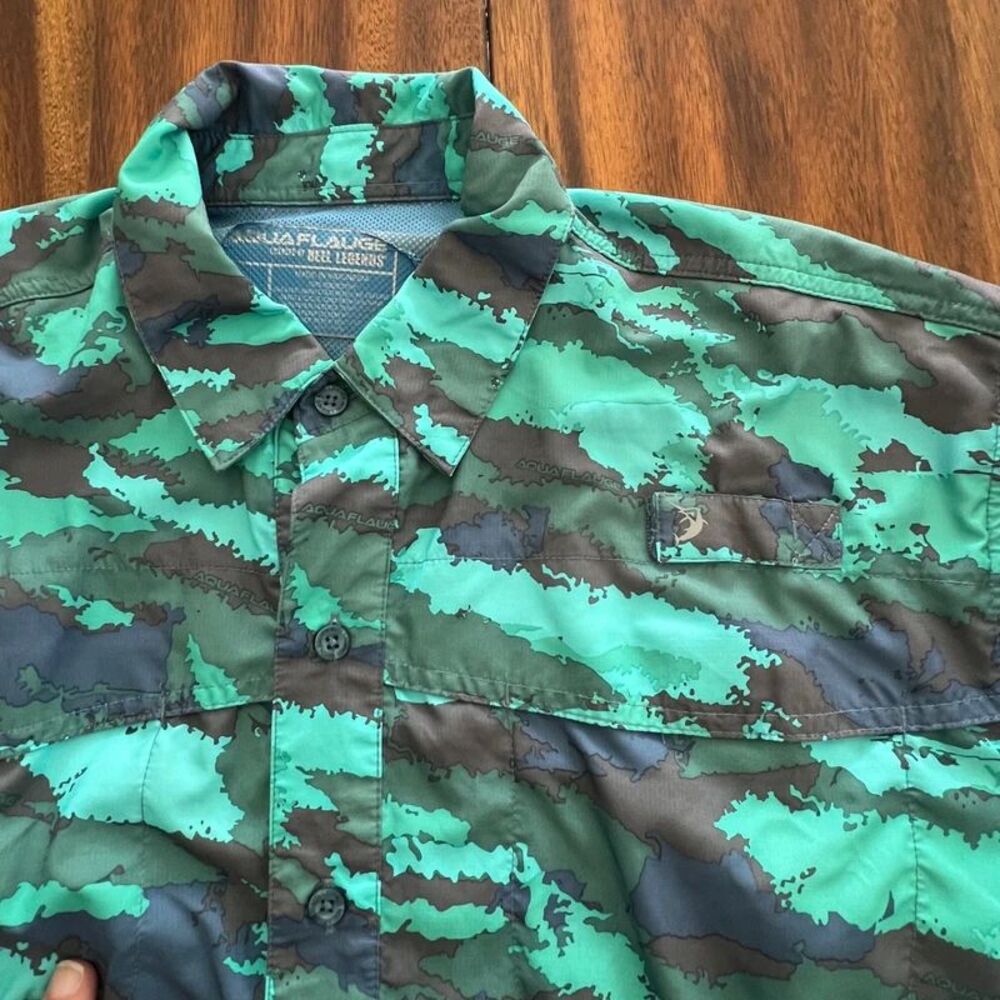 Aquaflauge Reel Legends Mens L Camo Vented Fishing Shirt Short Sleeve Marlin